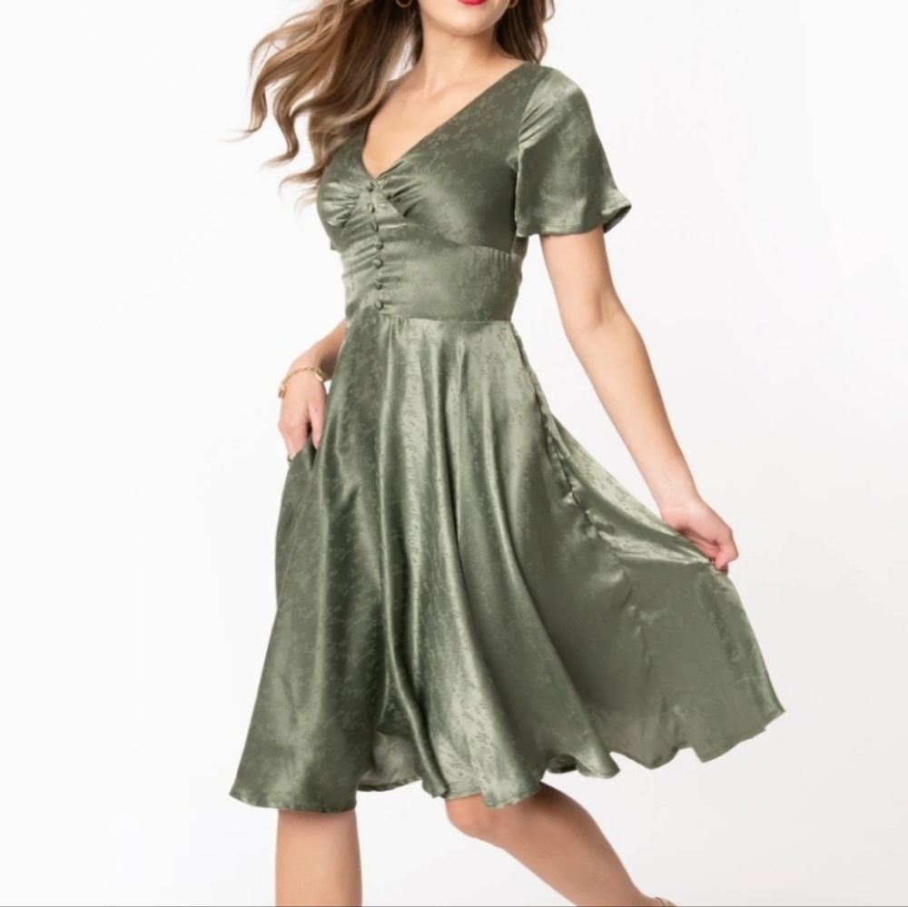 Unique Vintage 1950s Sage Green Embossed Leaf Print Kaylee Swing Dress